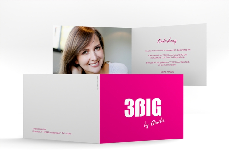 Einladung 30. Geburtstag Zig A6 Klappkarte quer pink