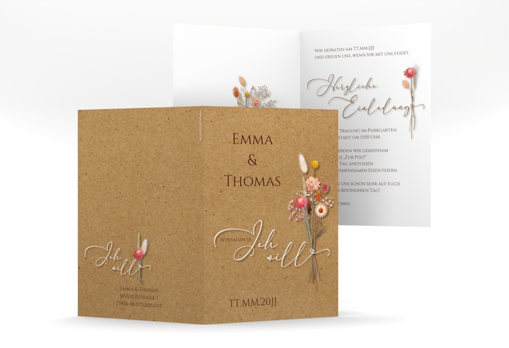Einladungskarte Hochzeit Flowerbunch A6 Klappkarte hoch mit Strauß aus Trockenblumen