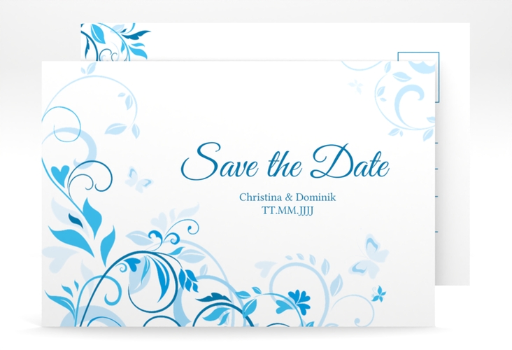 Save the Date-Postkarte Lilly A6 Postkarte blau hochglanz