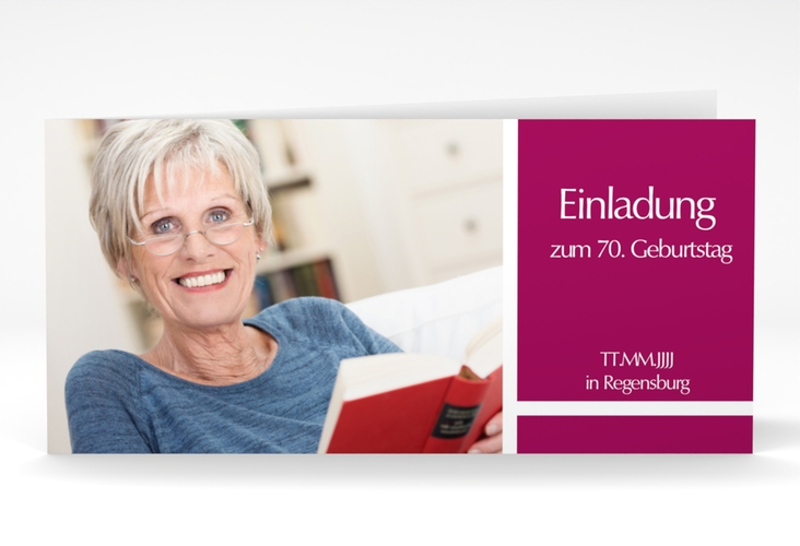 Einladung 70. Geburtstag Gerd/Gerda lange Klappkarte quer pink hochglanz mit Foto
