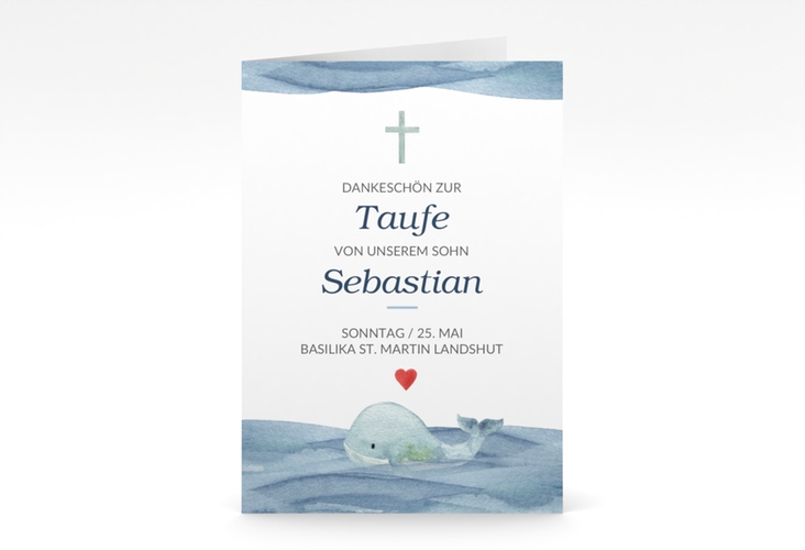 Danksagung Taufe Blauwal A6 Klappkarte hoch blau
