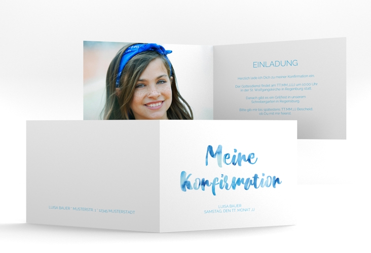 Einladung Konfirmation Grow A6 Klappkarte quer blau hochglanz