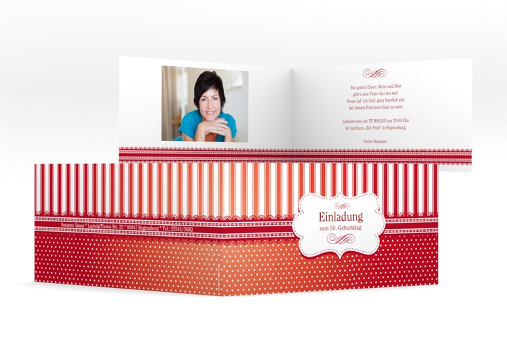 Einladung 50. Geburtstag Heinrich/Henriette lange Klappkarte quer rot mit frechen Polka Dots