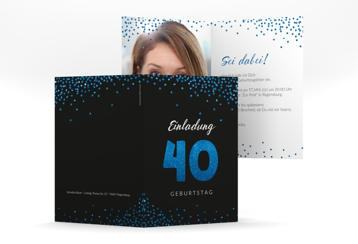 Einladung 40. Geburtstag Glitzer A6 Klappkarte hoch blau hochglanz