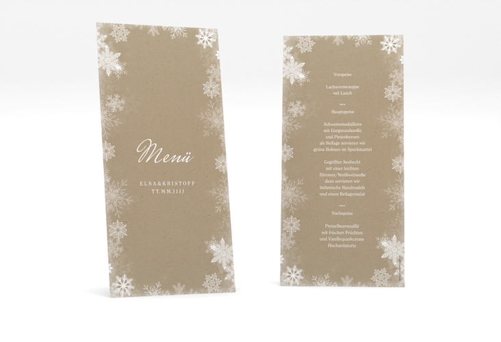 Menükarte Hochzeit Snowfall lange Karte hoch Kraftpapier hochglanz mit Schneeflocken für Winterhochzeit