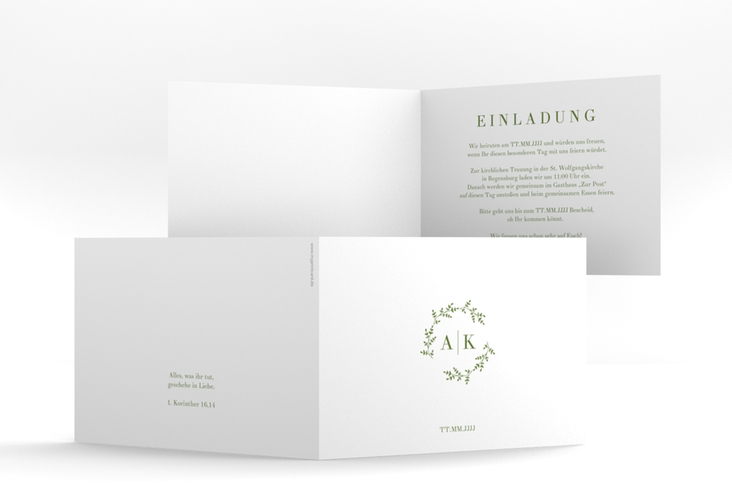 Hochzeitseinladung Filigrana A6 Klappkarte quer gruen in reduziertem Design mit Initialen und zartem Blätterkranz