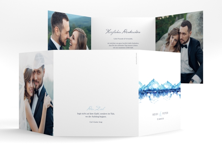 Dankeskarte Hochzeit Bergliebe quadr. Doppel-Klappkarte blau hochglanz mit Gebirgspanorama für Berghochzeit