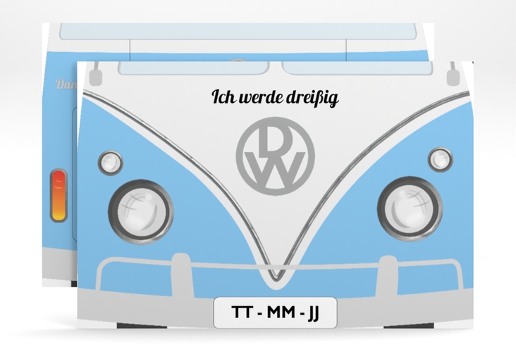 Einladung 30. Geburtstag Bulli Bus A6 Karte quer blau