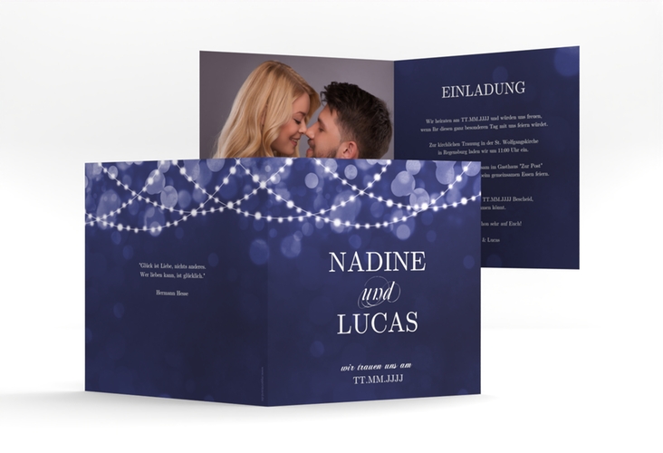 Hochzeitseinladung Lichtspiel quadr. Klappkarte blau