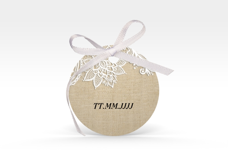 Geschenkanhänger Hochzeit Lace Geschenkanhänger, rund beige in Leinen-Optik mit weißer Spitze