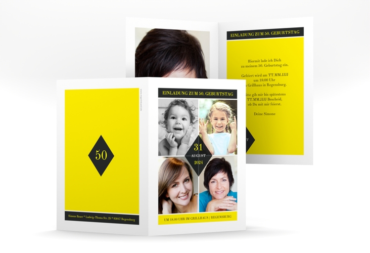Einladung 50. Geburtstag Rhombus A6 Klappkarte hoch gelb modern mit vier Fotos