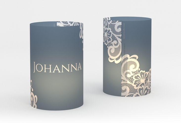 Windlicht Hochzeit Vintage Windlicht blau hochglanz mit floraler Spitze