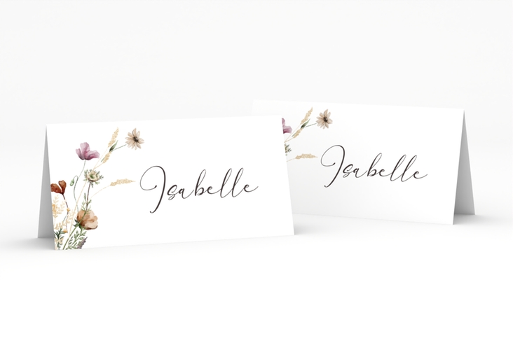 Tischkarte Hochzeit Sauvages Tischkarten weiss hochglanz mit getrockneten Wiesenblumen