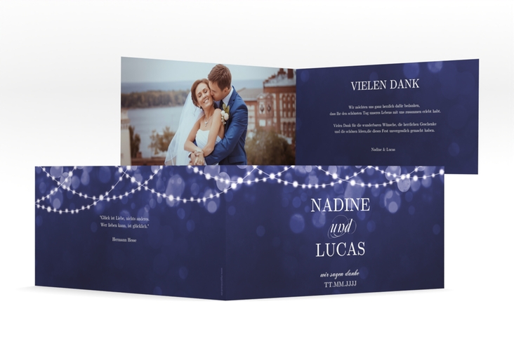 Danksagung Hochzeit Lichtspiel lange Klappkarte quer blau
