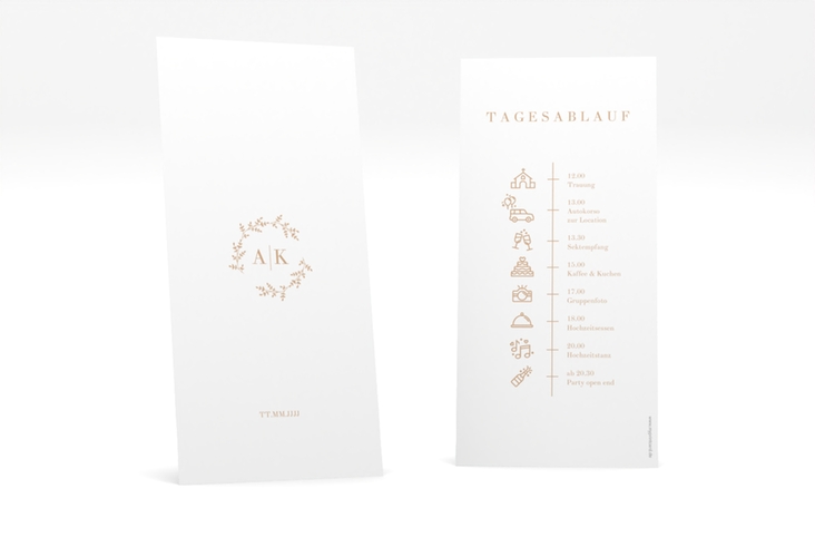 Tagesablauf Hochzeit Filigrana lange Karte hoch beige in reduziertem Design mit Initialen und zartem Blätterkranz