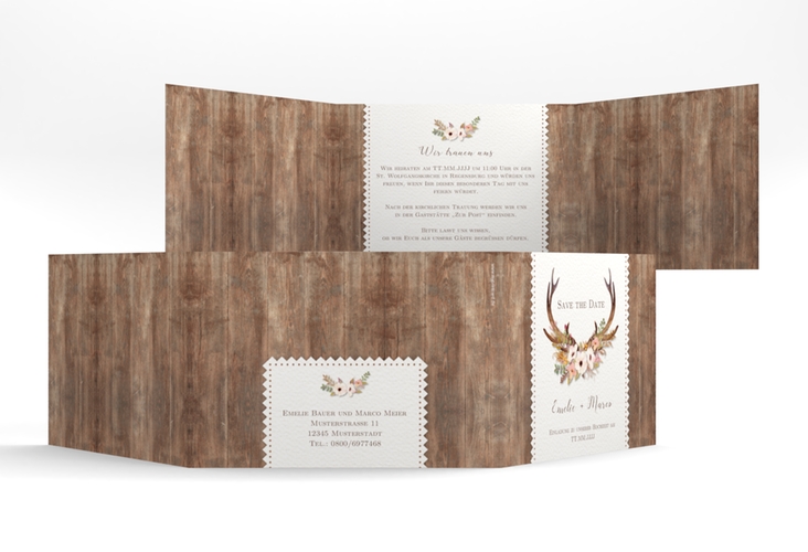 Hochzeitseinladung Heimatjuwel A6 Doppel-Klappkarte braun hochglanz mit Hirschgeweih und Holz-Hintergrund