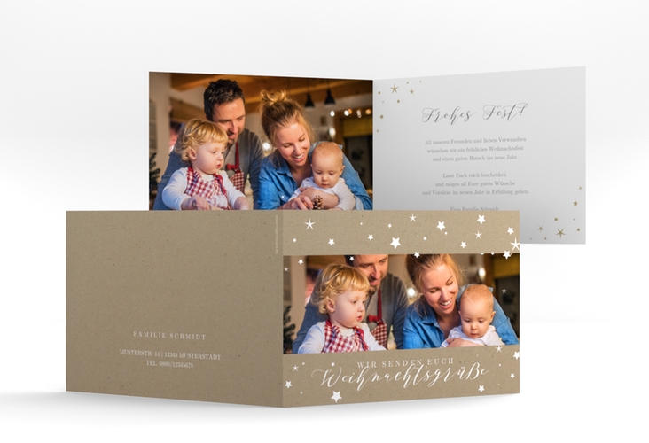 Weihnachtskarte Sternennacht A6 Klappkarte quer Kraftpapier hochglanz mit Sternchen und Familienfoto