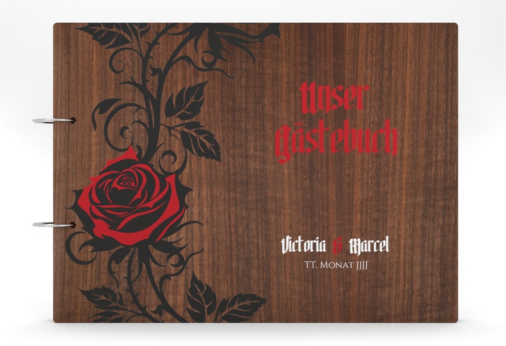 Gästebuch Holzcover Nussbaum Red Rose Holz-Cover, bedruckt schwarz mit Tattoo-Rose im Tribal-Stil