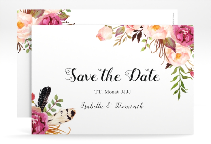 Save the Date-Karte Flowers A6 Karte quer weiss mit bunten Aquarell-Blumen