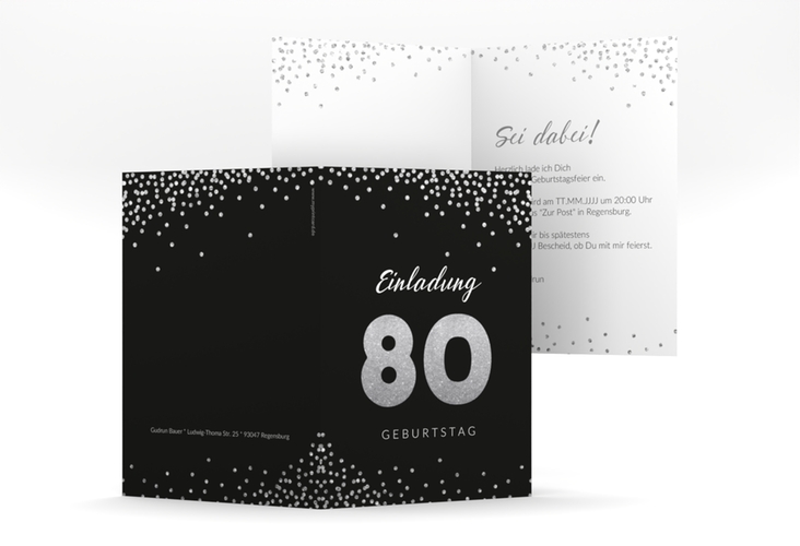 Einladung 80. Geburtstag Glitzer A6 Klappkarte hoch grau