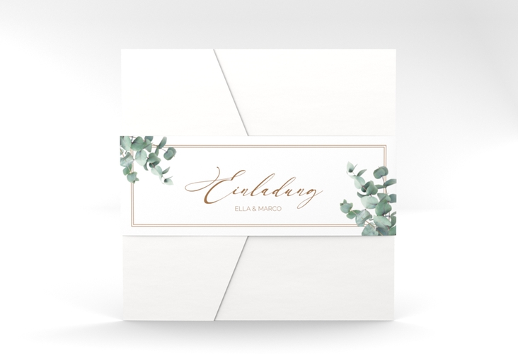 Hochzeitseinladung "Eucalypt" Pocketfold weiss mit Eukalyptus und edlem Rahmen