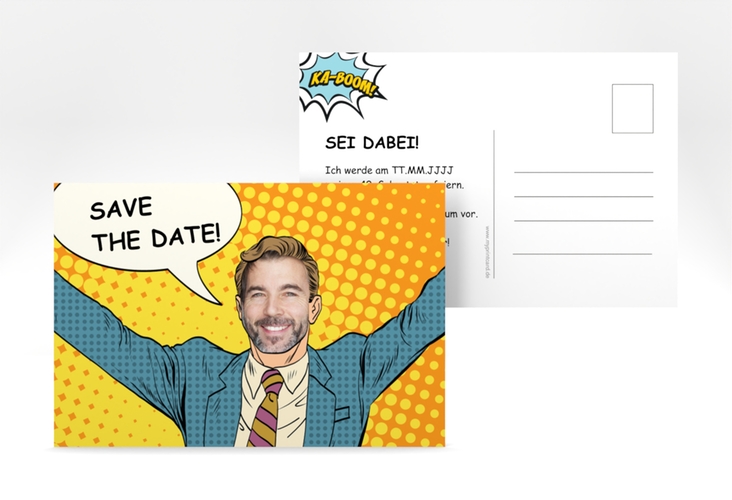 Save the Date-Postkarte Geburtstag Popart Man A6 Postkarte gelb hochglanz