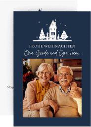 Weihnachtskarte Wärme A6 Karte hoch blau mit verschneitem Häuschen und Foto