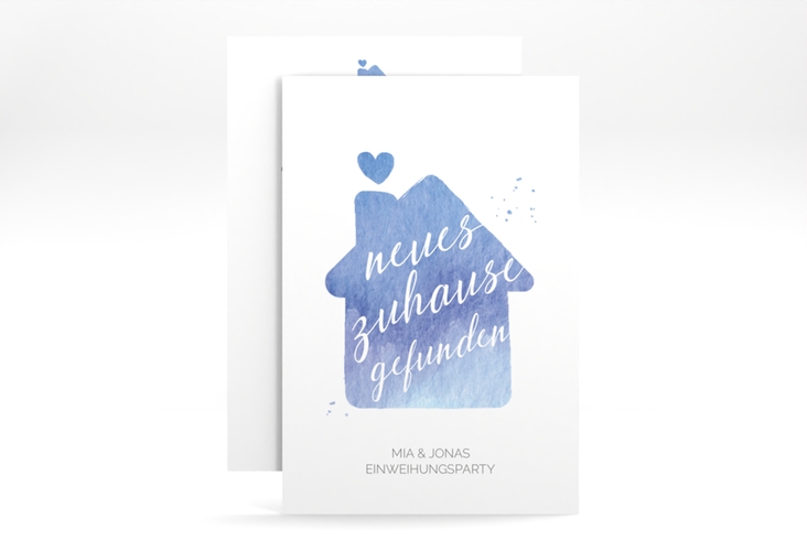 Party Einladung Zuhause A6 Karte hoch blau mit Haus in Aquarell