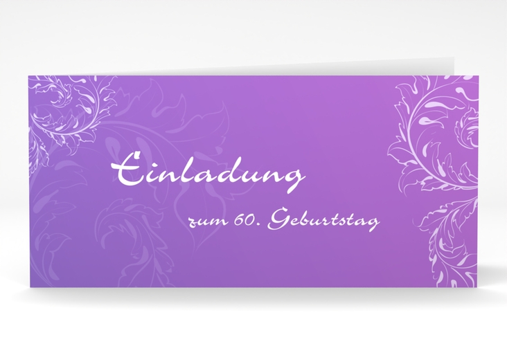 Einladung 60. Geburtstag Peter/Petra lange Klappkarte quer lila hochglanz