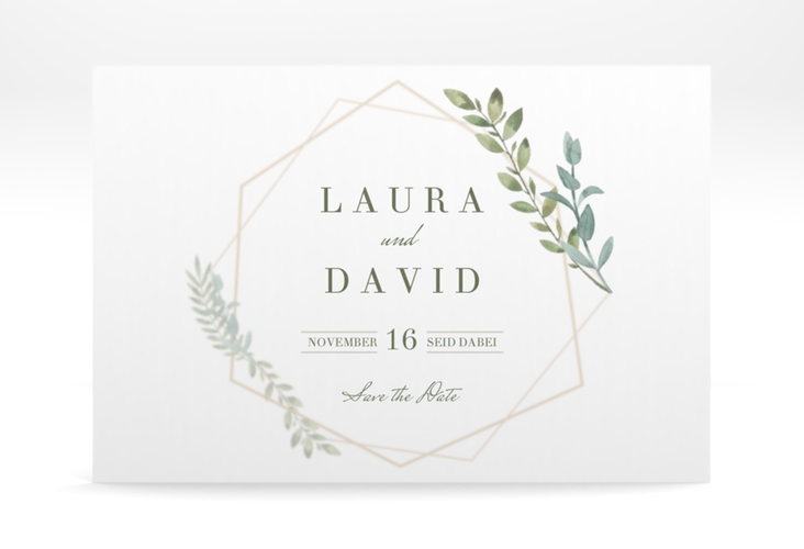 Save the Date Deckblatt Transparent Herbarium A6 Deckblatt transparent gold mit geometrischem Rahmen und Blätter-Dekor