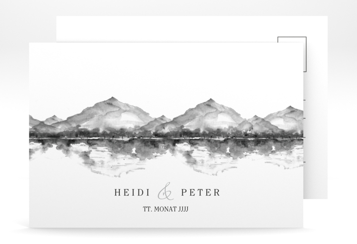 Save the Date-Postkarte Bergliebe A6 Postkarte grau hochglanz mit Gebirgspanorama für Berghochzeit