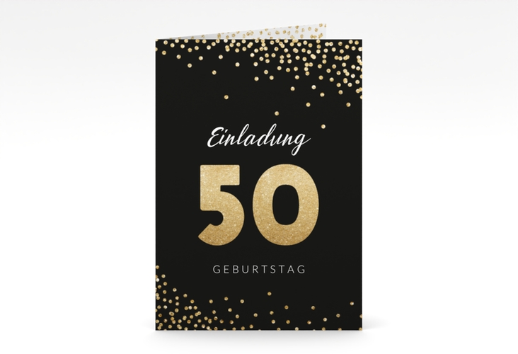 Einladung 50. Geburtstag Glitzer A6 Klappkarte hoch gold hochglanz