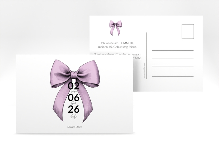 Save the Date-Postkarte Geburtstag Geburtstagsschleife A6 Postkarte rosa veredelt