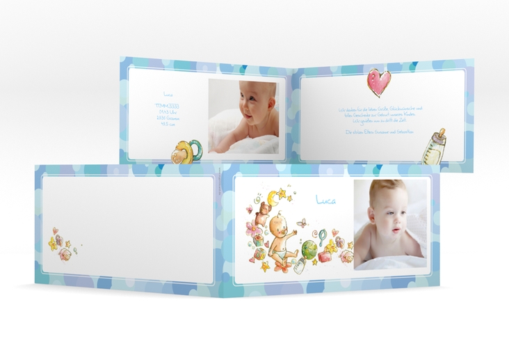 Geburtskarte Bubbles lange Klappkarte quer blau