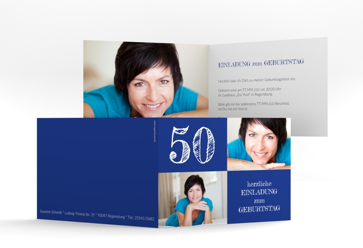 Einladung 50. Geburtstag Lebensfreude A6 Klappkarte quer blau hochglanz