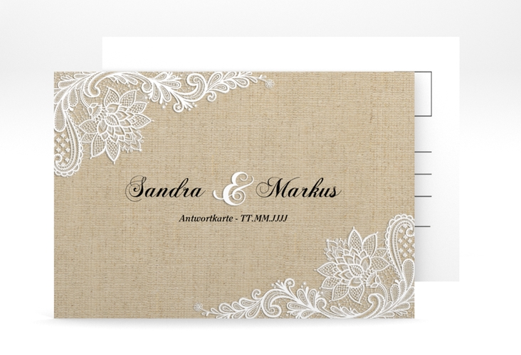 Antwortkarte Hochzeit Lace A6 Postkarte in Leinen-Optik mit weißer Spitze