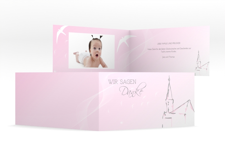 Dankeskarte Taufe Church lange Klappkarte quer rosa hochglanz