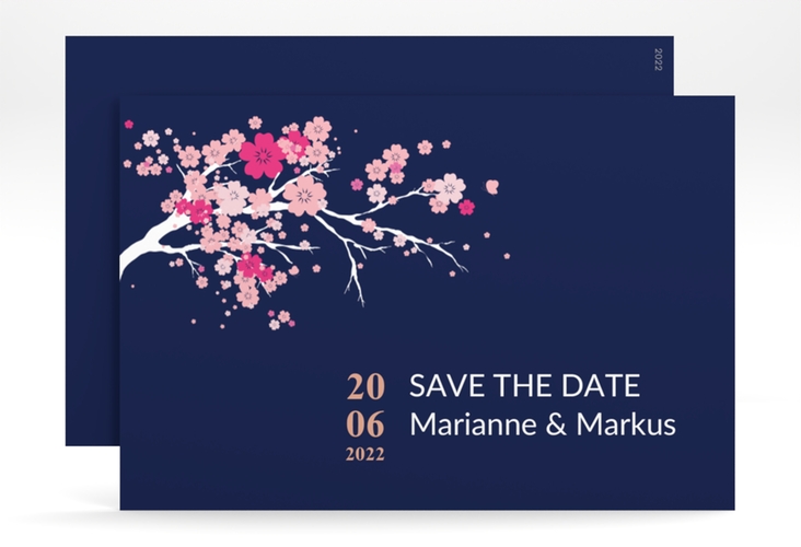 Save the Date-Karte Hochzeit Sakura A6 Karte quer blau hochglanz