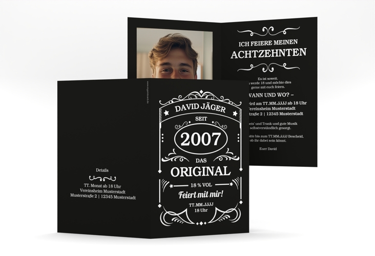 Einladung Geburtstag Guter Jahrgang A6 Klappkarte hoch schwarz wie Whisky-Flaschenetikett