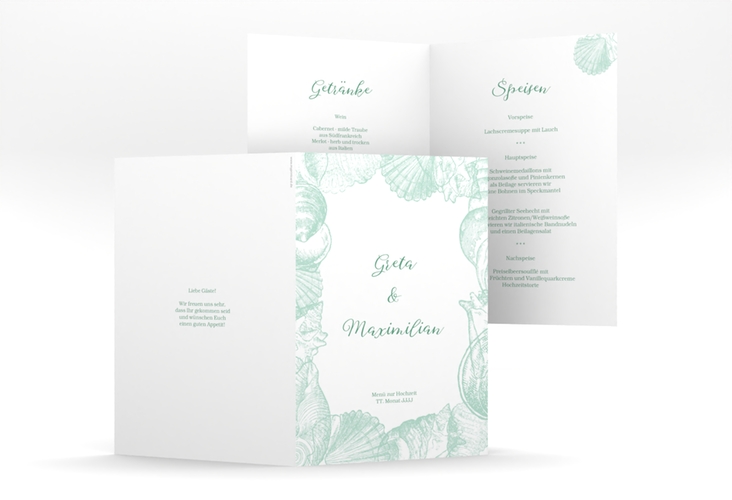 Menükarte Hochzeit Muschelreich A5 Klappkarte hoch mint hochglanz