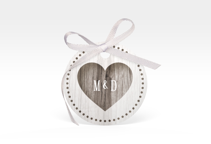 Geschenkanhänger Hochzeit Flair Geschenkanhänger, rund grau hochglanz in rustikaler Holz-Optik mit Herz