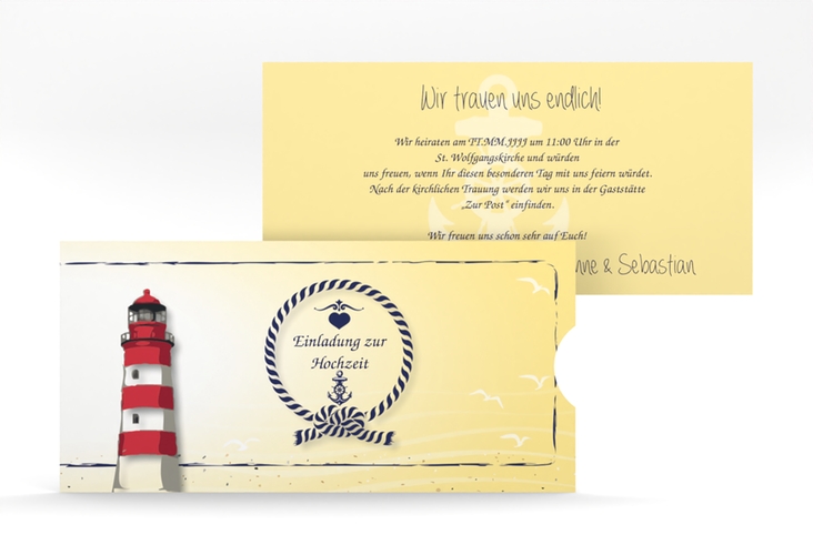 Hochzeitseinladung Sylt Einsteckkarte gelb mit Leuchtturm