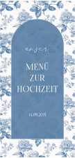 Menükarte Hochzeit Blue Floral lange Karte hoch blau mit blauem Blumenmuster auf weißem Grund