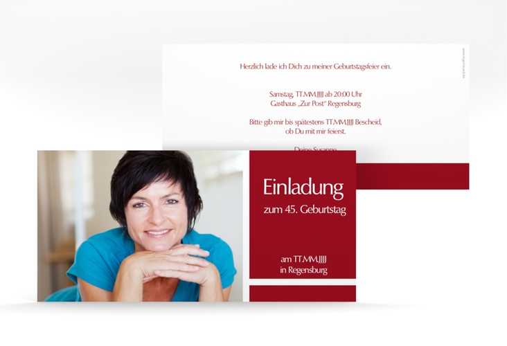 Einladung Geburtstag Gerd/Gerda lange Karte quer rot hochglanz mit Foto