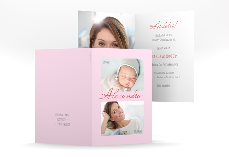 Einladung 40. Geburtstag Zeitlos A6 Klappkarte hoch rosa mit Damals- und Heute-Fotos