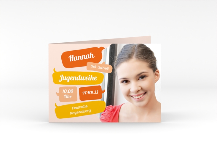 Einladungskarte Jugendweihe Grownup A6 Klappkarte quer orange hochglanz