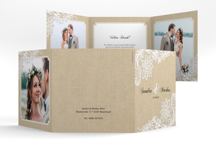 Dankeskarte Hochzeit Lace quadr. Doppel-Klappkarte in Leinen-Optik mit weißer Spitze