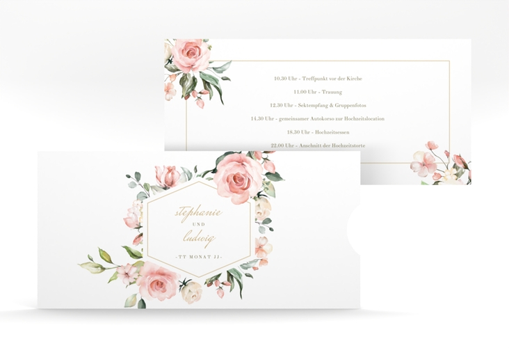 Hochzeitseinladung Graceful Einsteckkarte weiss hochglanz mit Rosenblüten in Rosa und Weiß