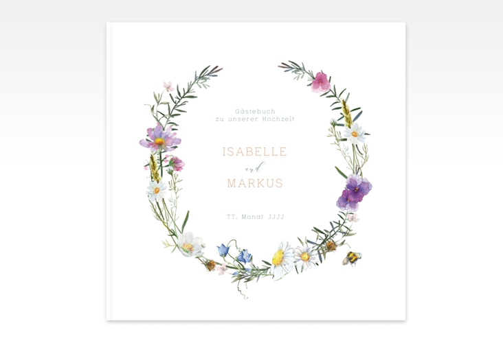 Gästebuch Creation Blumengarten 20 x 20 cm, Hardcover weiss mit Blumenkranz und Hummel