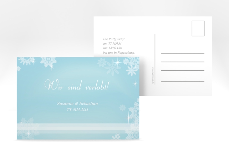 Verlobungskarte Hochzeit Meran A6 Postkarte in Hellblau mit Schneeflocken